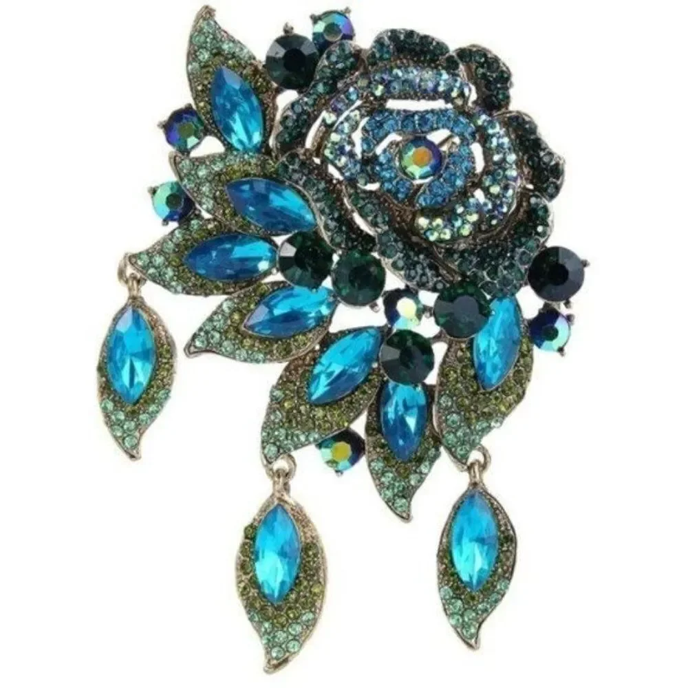Yellow Gold with Blue and Green Austrian Crystal Rose Flower Leaf Brooch